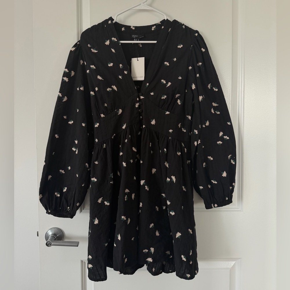 Black Floral Mini Dress with Full length Puff Sleeves